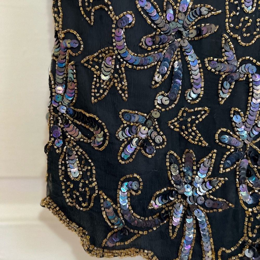 Vintage Silk Papell Boutique Beaded Sequin Evening Top S Black Gold Iridescent - Picture 6 of 8